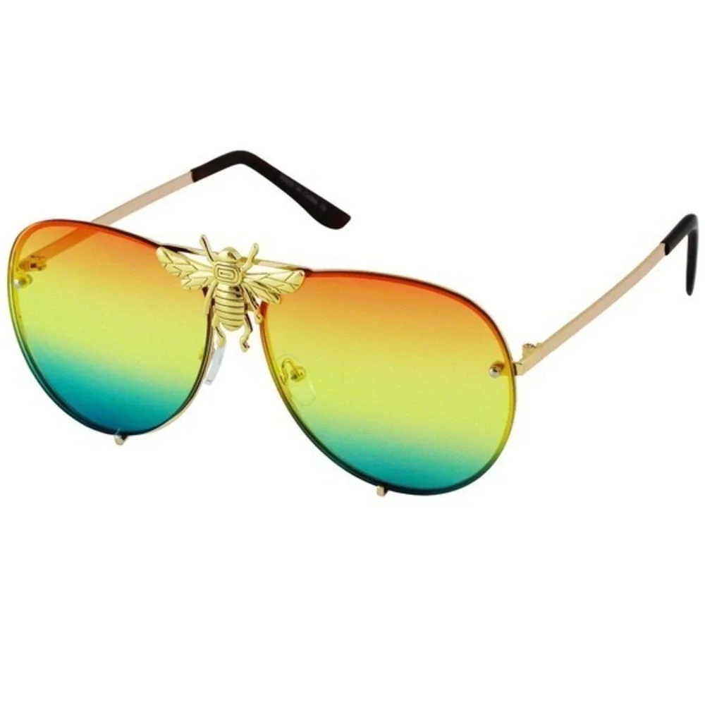 Men Fashion Sunglasses Rainbow‎ Lens Gold Streetwear Rapper Hip Hop Cholo Party